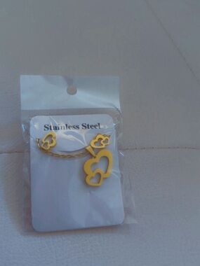 Gold Heart Drop Earrings - Stainless Steel